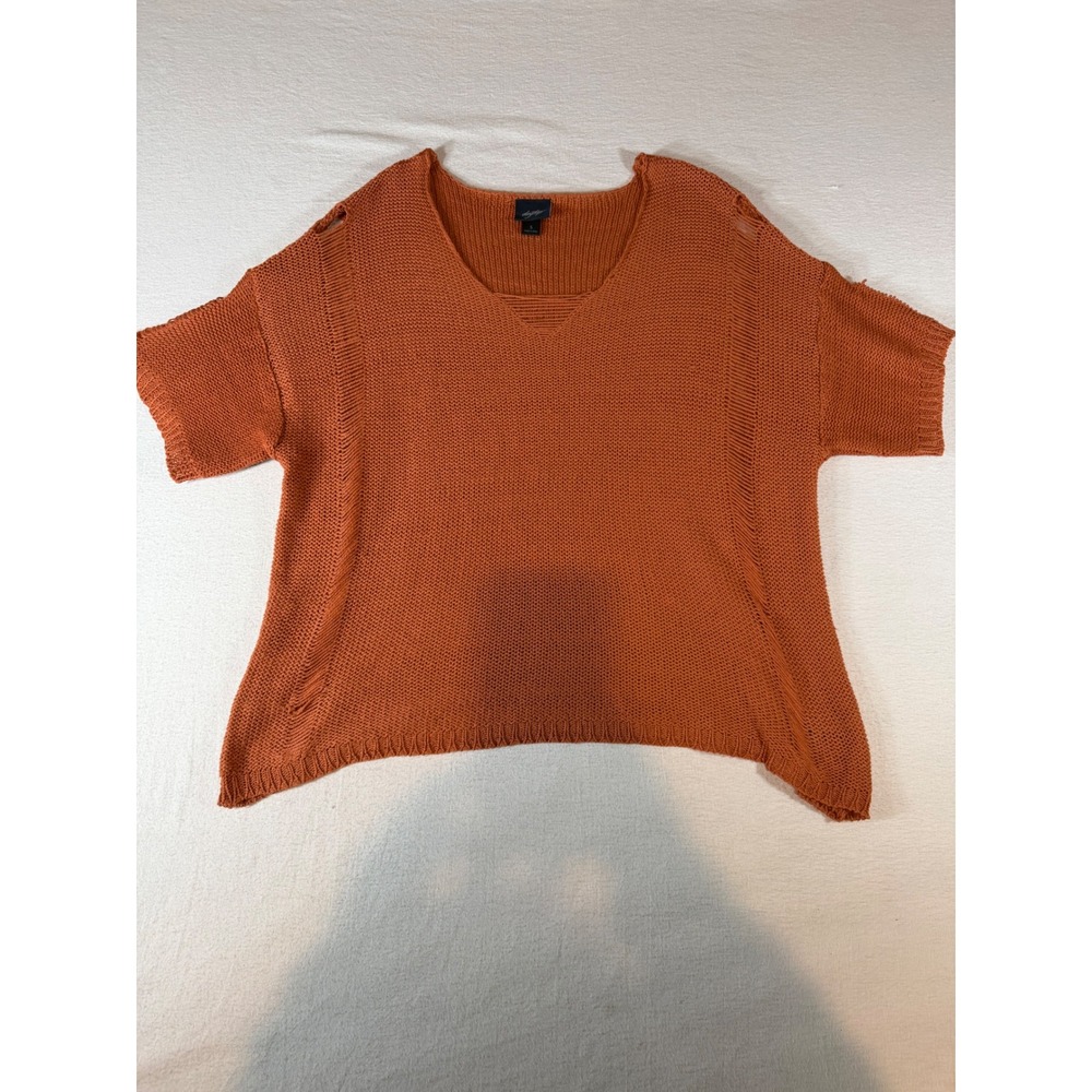 Daytrip Burnt Orange V-Neck Short Sleeve Distressed Knit Sweater Small